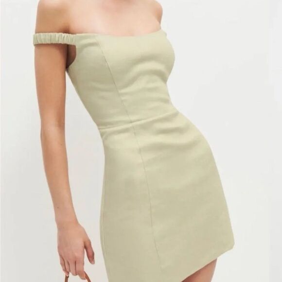 Reformation Dress Sawyer Linen Off-Shoulder Mini Green Dried Herbs 10 NWT - Picture 3 of 8